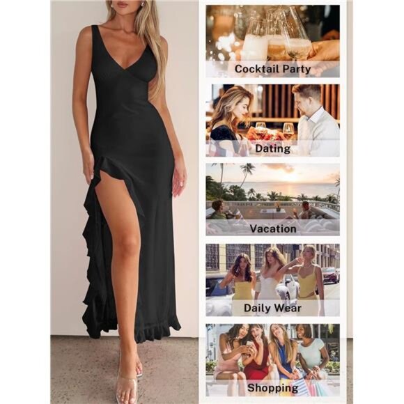 Women Sexy V Neck Sleeveless Mesh Ruffle Hem Bodycon Maxi Casual Backless High - Picture 4 of 6